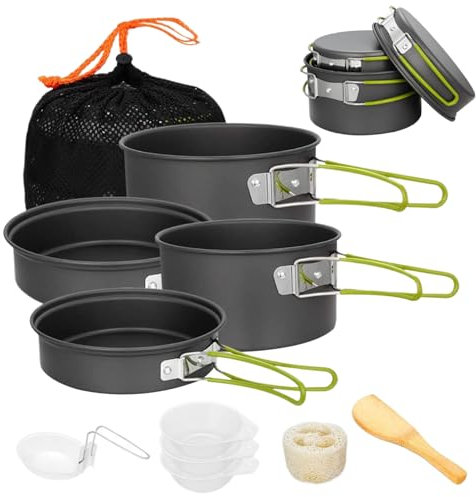 Ssguopte Aluminium camping köksredskap set non-stick stapelbara krukor med nätpåse