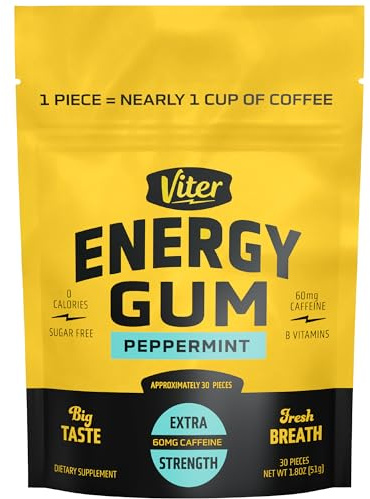 Viter Energy 60mg Caffeine Gum (Peppermint Flavor, 30 Pieces) - Sugar Free, Vitamin B3, B6, B9, B12, Zero Calories, Caffeinated Energy Chews, Nootropic Focus Supplement for Men & Women