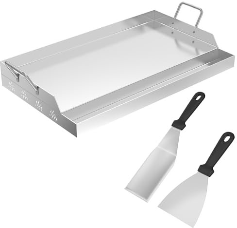 SUBTLETY Placas de barbacoa de jardín de 2 mm, de acero macizo, juego con 2 espátulas, mango y ranuras para recoger la grasa, placa universal para barbacoa de gas y carbón, bandejas para fiestas (58 x