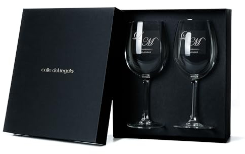 CALLE DEL REGALO Pack de dos Copas de vino personalizadas | Copas de vino de cristal de 58 cl | Personalizadas con iniciales y fecha | Estuche incluido | (INICIALES, 2 COPAS CON ESTUCHE)