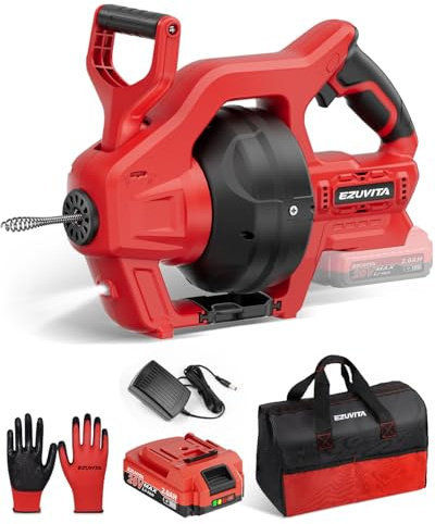 EZUVITA Furet Déboucheur de Canalisation 20V, Tarière de Drainage à Arbre Flexible 7,7m, Adapté au Diamètre du Tuyau 20-50mm, Convient pour Déboucher les Toilettes, les Égouts et les Salles de Bains