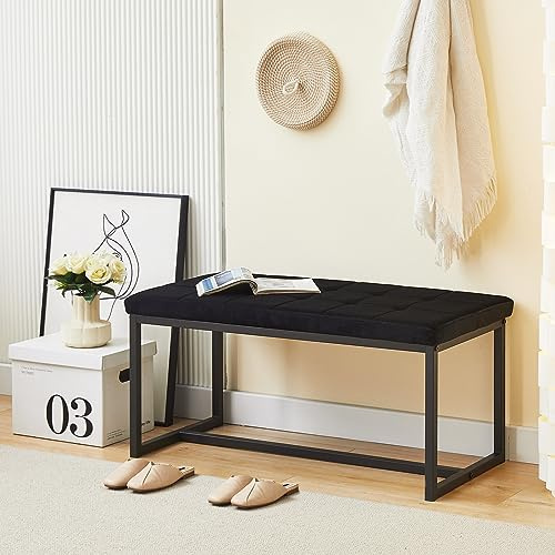 CLIPOP 1PC Dining Room Bench Seat Velvet Padded Cushioned Hallway Benches with Metal Frame Lounge Long Dinner Stool for Kitchen Bedroom Living Room Hallway (black color)