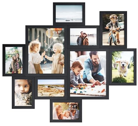 SONGMICS Collage Photo Frames, 10 Multi Picture Frames for Wall, Two 8x10 Inches (20 x 25 cm), Four 5x7 Inches (13 x 18 cm), Four 4x6 Inches (10 x 15 cm), Tool-Free Assembly, Black RPF100BZ01
