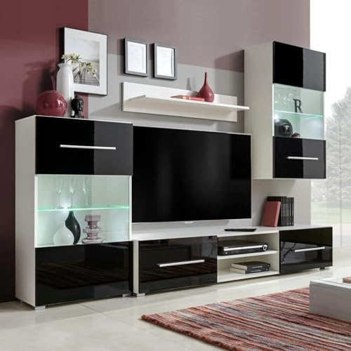 BOWEKAM Möbel, Unterhaltungszentren und TV-Ständer, 4 Stück, schwarz, Hochglanz-Wandvitrine, TV-Einheit mit LED-Beleuchtung