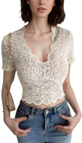 EMOTTOS Women's Y2K Top, Semi-Transparent Lace Crop Tops, Sexy Short-Sleeved V-Neck Slim Fit Lightweight Stretch See Through Fabric T-Shirt Casual Ladies Girls Summer Party Festival, White, L