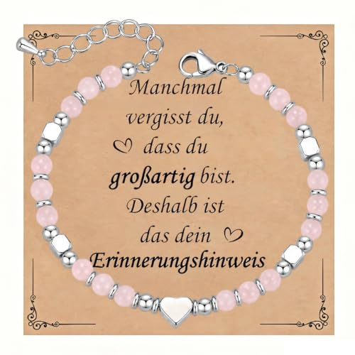 Armband Silber Herz Damen Geschenk, 4MM Natursteine Edelstahl Perlenarmband | Frauen Armbänder mit Herz Charm, Freundin Schwester Mutter Mode Schmuck Geschenke für Weihnachten Valentinstag Geburtstag