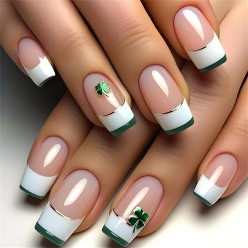 Lot de faux ongles faciles à appliquer, motif trèfle vert, couverture complète, acrylique, pour femme, manucure, ornement