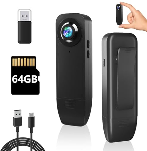 Body cam, Mini Camara Espia 1080P, Camara Sin Necesidad de WiFi, Camara Espia Bateria Larga Duracion 1000mAh, Cámara Corporal con TF de 64 GB Preinstalada, Detección de Movimiento y Visión Nocturna