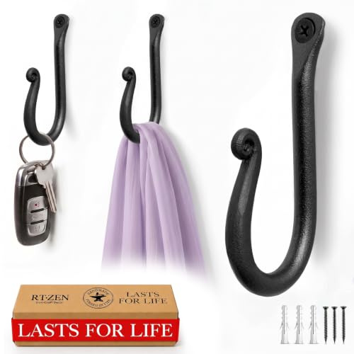 RTZEN Wall Mount Hook Set - Wrought Iron Decorative Rustic Metal Coat Hooks for Hanging - Handcrafted Classic Farmhouse Wall Mounted Black Hooks for Towel Robe or Hat Hanging - 3 Pack