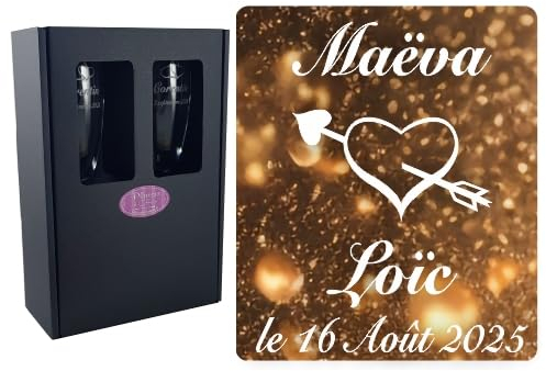 2 Flûtes à Champagne Gravées Modèle Cœur Eros avec Boîte Cadeau - Cadeau de Mariage pour les Mariés - Cadeau repas de Mariage, Invité au vin d'honneur, Anniversaire de Mariage