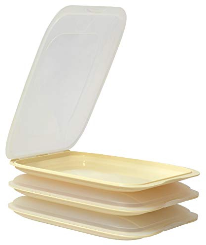 ENGELLAND - Hochwertige stapelbare Aufschnitt-Boxen, Frischhaltedose für Aufschnitt. Wurst Behälter. Perfekte Ordnung im Kühlschrank, 3 Stück Farbe Beige, Maße 25 x 17 x 3.3 cm