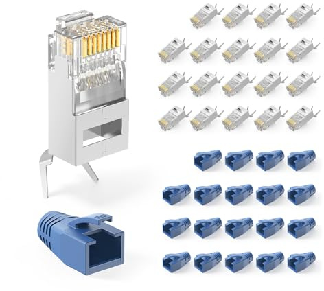 VCELINK 20 x RJ45 Stecker, CAT7 Pass Through Netzwerkstecker, Lan stecker | 10 Gbit/s, Cat7/Cat6A Verlegekabel geschirmt, PoE-fähig, mit Einfädelhilfe und Knickschutz, Switch/TV/Modem/Router/PC, blau