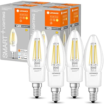 LEDVANCE Smarte LED-Lampe mit Wifi Technologie, Sockel E14, Dimmbar, Warmweiß (2700K), Kerzenform, Klares Filament, Ersatz für herkömmliche 40W-Glühbirnen, steuerbar mit Alexa, Google & App, 4er-Pack