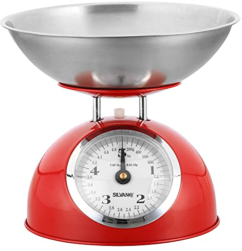 Báscula Cocina Silvano, Balanza de Alimentos, Diseño Retro, Pantalla Analógica, Alta Precision, Capacidad Máxima de 5 Kg, Cuenco de Acero Inoxidable Incluido, Color Rojo, Limpieza Sencilla