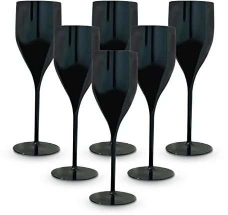 BRYNA - Set 6 Pezzi Bicchieri Flute da 18 Cl in Policarbonato (Plastica Rigida), 100% Design Italiano, Bicchieri Infrangibili, Calici Vino Riutilizzabili e Lavabili in Lavastoviglie, Nero