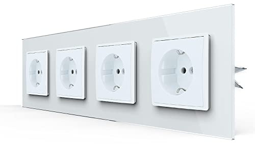 LINA Lichtschalter Steckdosen mit Glasrahmen Komplettset für Unterputzdose UP Schuko Wandschalter Wechselschalter Dimmer (LINA 4 Fach Steckdose weiß mit Glasrahmen H1-D51GM-4Fach)