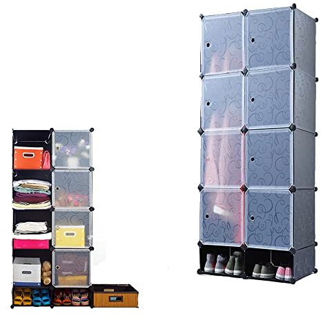 HENGMEI Kleiderschrank DIY Regalsystem Aufbewahrung Schrank, PP-Kunststoff mit Tür Garderobenschrank, Wasser und Staubdicht für Schlafzimmer Badezimmer (8 Boxen mit Tür+2 Schuhe Boxen, Schwarz)