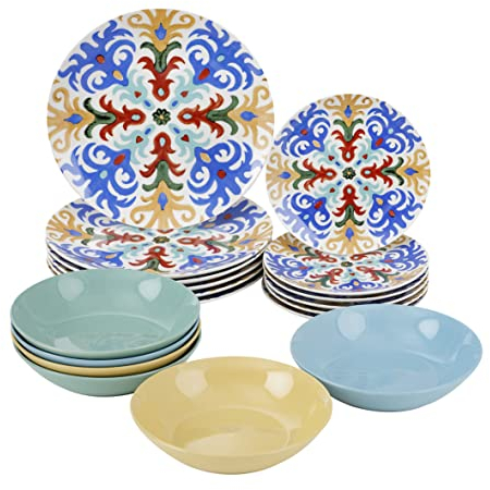 Baroni Home Juego de 18 Platos de porcelana y gres, Vajilla para 6 personas, Set Completo, Conjunto de Platos planos, hondos y platillos para postre, Fantasía Sorrento