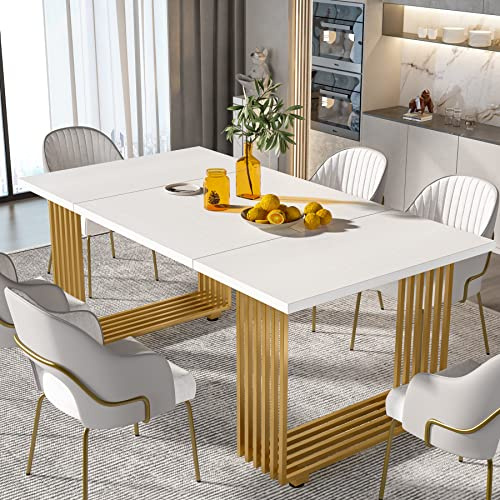 Tribesigns Tavolo da pranzo moderno per 6-8 persone, lunghezza 180,8 cm, bianco cucina in legno con gambe in metallo dorato, sala da pranzo rettangolare, riunione di famiglia