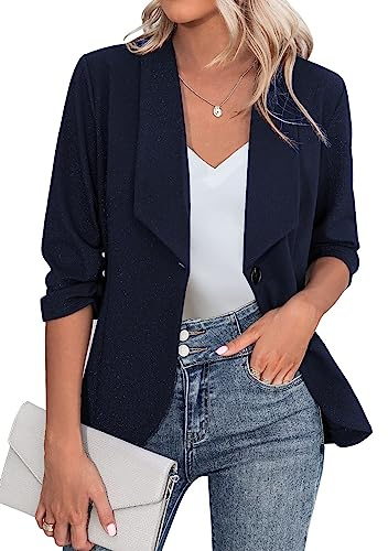 Zeagoo Blazer för kvinnor elegant 3/4-ärm, lång blazer, slim fit, kavaj, jacka, vardaglig, arbete, blazer, kostym, S-3XL, Marinblått Xsp, L