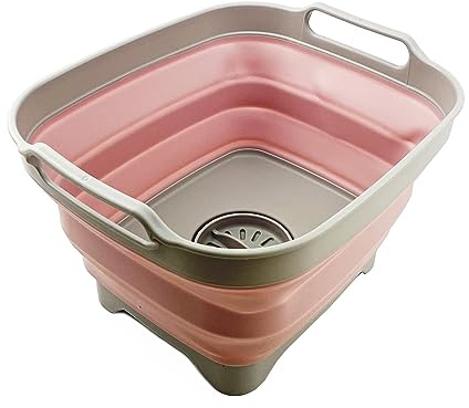 SAMMART 7.5L (2 gallons) Collapsible Plastic Dishpan with Draining Plug - Portable Washing Basin - Foldable Dish Washing Tub - Pop Up Saving (Grey/Light Pink, 1)