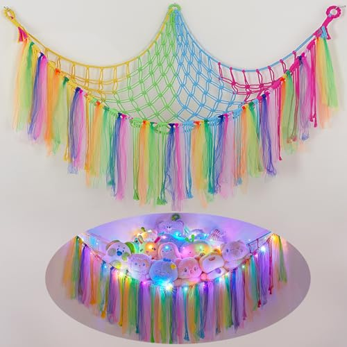 MHJY Spielzeug-Aufbewahrungsnetz, Hängematte mit LED-Licht, weiches Kuscheltier, handgewebter Plüsch-Makramee-Organizer mit Quaste für Kinderzimmer, Regenbogenfarben, Stoff
