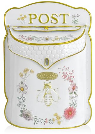 Z² BellaDecor Wall Mount Mailbox for Outside Vintage Mail Boxes for House Outside Metal Door Mailbox Drop Box Antique Style Nostalgic Charm Home Decorative, Bee Pattern, White