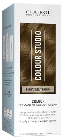Clairol Colour Studio Permanent Colour Cream | Hair Dye | Long-lasting Rich Tones | 100% Grey Coverage | Dermatologically Tested Vegan Formula | Hair Colouring Kit | Hazelnut Brown 6/0 | 50ML