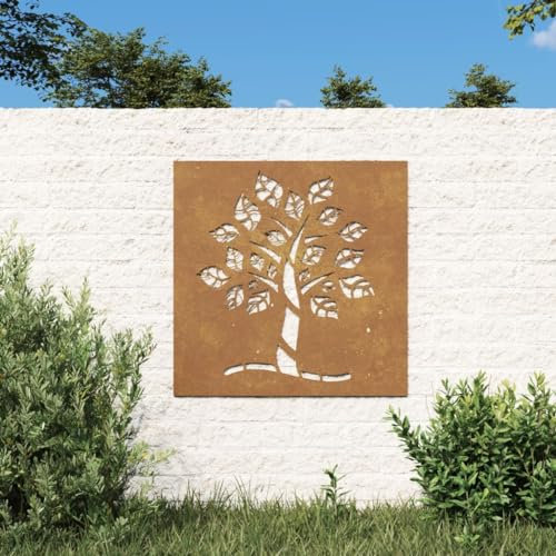 Toshilian Décoration de Jardin en Métal, Décoration Murale de Jardin Sculpture Murale Extérieure Décoration Murale Jardin 55x55 cm Acier corten Design d'arbre