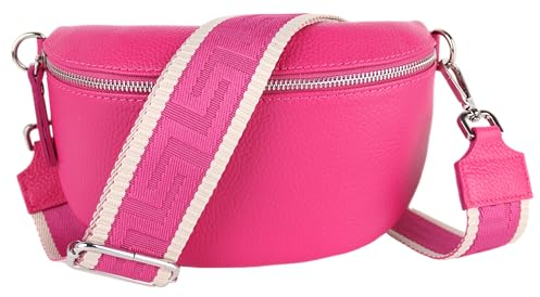 MIRROSI® Bauchtasche Damen, Echtleder, Made in Italy, Umhängetasche, Brusttasche, Crossbody Bag (1 Tasche & 2 Gurte) (Pink (Uni Pink Beige), Große Tasche (28x18x9cm))
