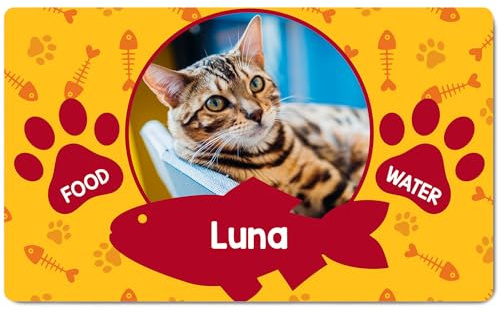 Ferocity Personalisierte Napfunterlage mit Foto und Namen | Fressnapf Matte für Katzen | Größe 45 x 75 cm | 4 mm Gummierte Unterlage & Schuhmatte | Haustier Motiv | Farbe Fish [140]