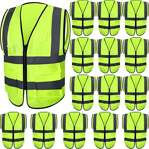 JaGely 15 Pack Reflective Safety Vests with Pockets and Zipper Construction Work High Visibility Vest for Men Women(Large,Fluorescent Green)