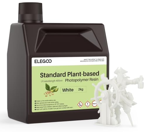 ELEGOO Standard 3D Drucker Resin auf Pflanzlicher Basis mit Extrem Geringem Geruch und Hoher Präzision, 405 nm UV Photopolymerharz, Schnelle Aushärtung Harz für Resin 3D Drucker Weiß 2000g