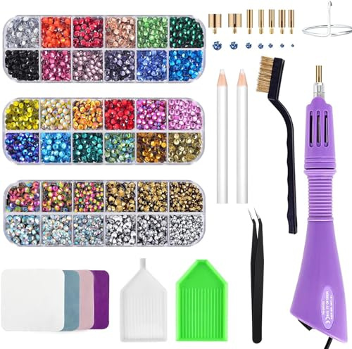 Bedazzler Kit con estrás, aplicador de manualidades de piedras preciosas fijas en caliente para pintura de diamantes, lápiz de cera, pinzas, bandeja, paño de cepillo de limpieza, 28 colores, cristales