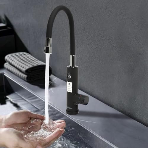 Elektrischer Wasserhahn mit Durchlauferhitzer, Flexibel Drehbar Edelstahl Wasserhahn Küche Armatur, LED Digitalanzeige Mischbatterie Schnellheizungs Küchenarmatur, Schwarz