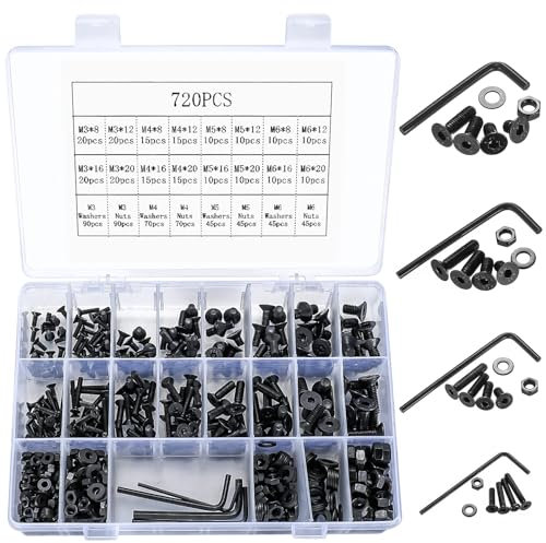 720 Stück M3 M4 M5 M6 Senkkopfschrauben Set, Innensechskant Schrauben Muttern Set, Sechskantschrauben und Muttern und Unterlegscheiben Sortiment Set, Flachkopf Maschinenschrauben Set
