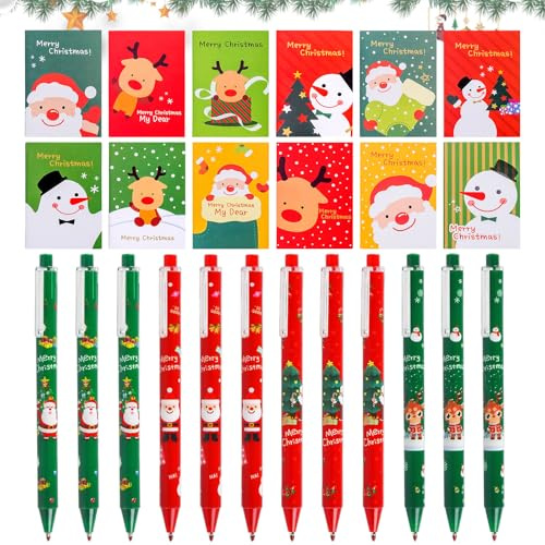 Gadget natalizi per bambini, 24 pezzi Mini Natalizio Quaderno, penne natalizie, cancelleria natale, Mini Natalizio Quaderno con Motivi di Babbo Natale e Pupazzo di Neve Regali Natale Bambini
