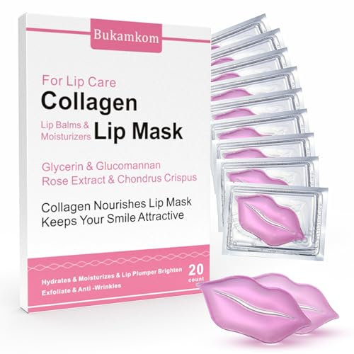 Bukamkom Collagen Lip Masks Bulk,Lip Mask Sheet Lip Care to Reduce Dark Lips and Lip Lines to Remove Dead Skin Moisture,Bulk Lip Masks Individually Wrapped (20)