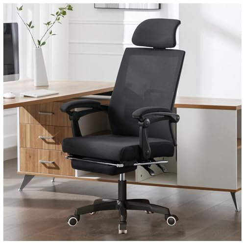 Ergonomischer Gaming-Stuhl mit verstellbarer Fußstütze, Kopfstütze und Rückenlehne, 360° drehbar, atmungsaktive Netz-Räder, ideal für Zuhause, Studium und Büro, Schwarz