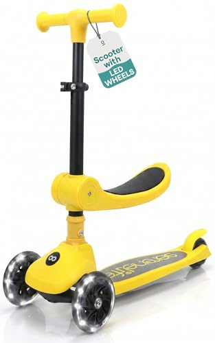 Serenelife Patinete 3 Ruedas para niños, Plegable, Luces LED en Las Ruedas, Manillar Ajustable, Freno Trasero de pie, Soporta hasta 49.9kgs