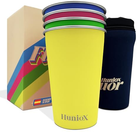Huniox® Edelstahl Tasse - Camping Tasse - Camping Gläser - Camper Tasse - Becher Bunt - Becher 0 5 - Outdoor Geschirr Edelstahl (FLUOR, 350 ML)