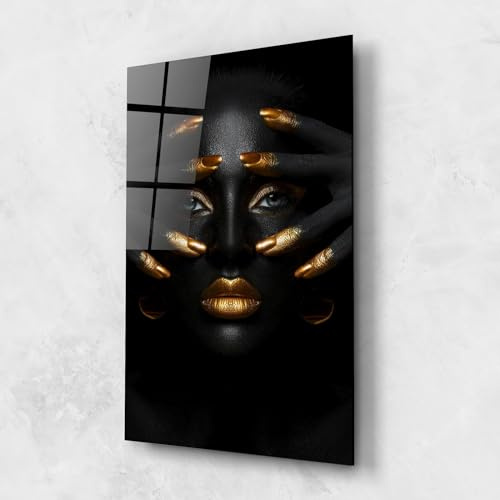 ARTHUB® Glasbild 50x70 cm, 4mm ESG | Moderne Wandbilder aus Glas für Wohnzimmer & Schlafzimmer, Wanddekoration, Wohnkultur, Frauen, Gold Fingertips Art