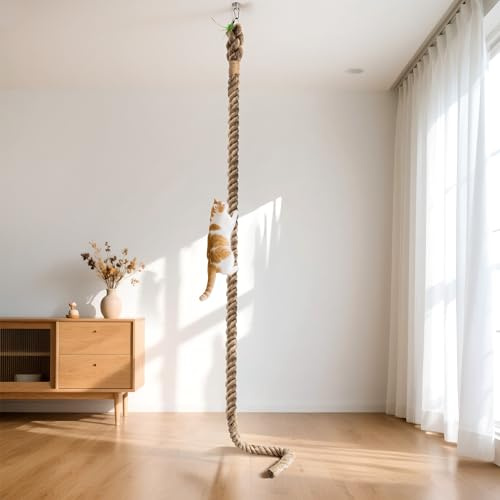 2 x 9.84Ft Cat Climbing Rope with Hook for Ceiling & Wall Mounted, Natural Sisal Rope for Cat Scratcher with Feather Toy for Indoor/Outdoor Cats, Durable Cat Tree Replacement Rope