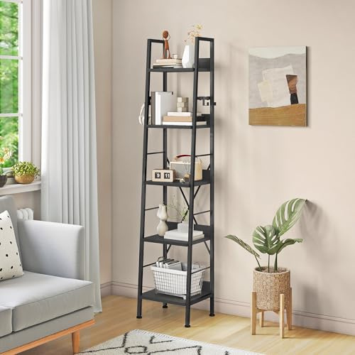 YITAHOME 5 Tiers Bookcase, Tall Narrow Bookcase Thin Book Shelf Wooden Shelves and Metal Frame Book Rack Modern Shelving Unit for Living Room, Hallway, Office, Black Bookshelf