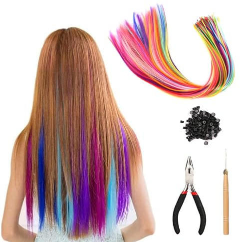 Bunte Haarverlängerungs Set 100 Stück Haarsträhnen Zum Einklipsen mit Zange Häkchen Ponytail Braids Clip Farbige Haarverlängerung für Frauen Party Festival Dekoration