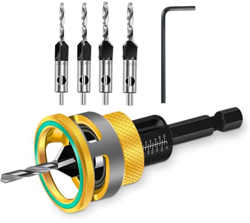 Set di 6 punte per trapano a svasatura con attacco di profondità regolabile e chiave a forma di L, perfette per progetti di lavorazione del legno, plastica e legno (Golden)