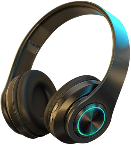 DURNYDT Bluetooth Headphones Over Ear Foldable Wireless Headset Colorful LED Lights Noise Cancelling Headphones Volume Control Wired and Wireless Modes Built in Mic for Phones TV PC