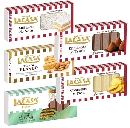 Pack Surtido 5 Turrones Lacasa:Blando, Chocolate y Piña, Cacao y Trufa, Milhojas de Nata, Chocolate estilo Dubai con Pistacho y Kataifi