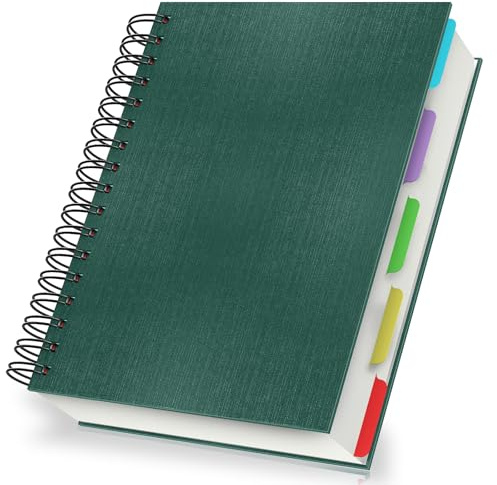 Yarotm Cuaderno A5 con Separadores - Libreta Espiral A5 Hojas con Lineas 21x14cm - 100GSM Rayas 7mm Papel Bloc de Notas Tapa Dura Verde Oscuro - 120 Hojas Notebook para Viaje, Regalo