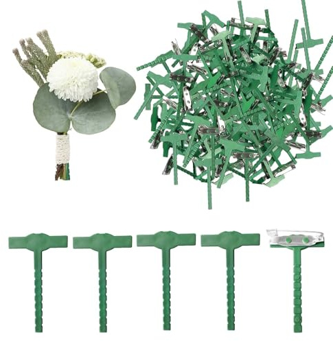 LUMOOM 100 Stück Anstecknadeln für Hochzeit, grüne Dreieck-T-Plastikbrosche, Boutonniere-Nadeln, Kunststoff-Boutonnieres, für Hochzeiten, Bräutigam Ansteckblume und Knopflochblumen